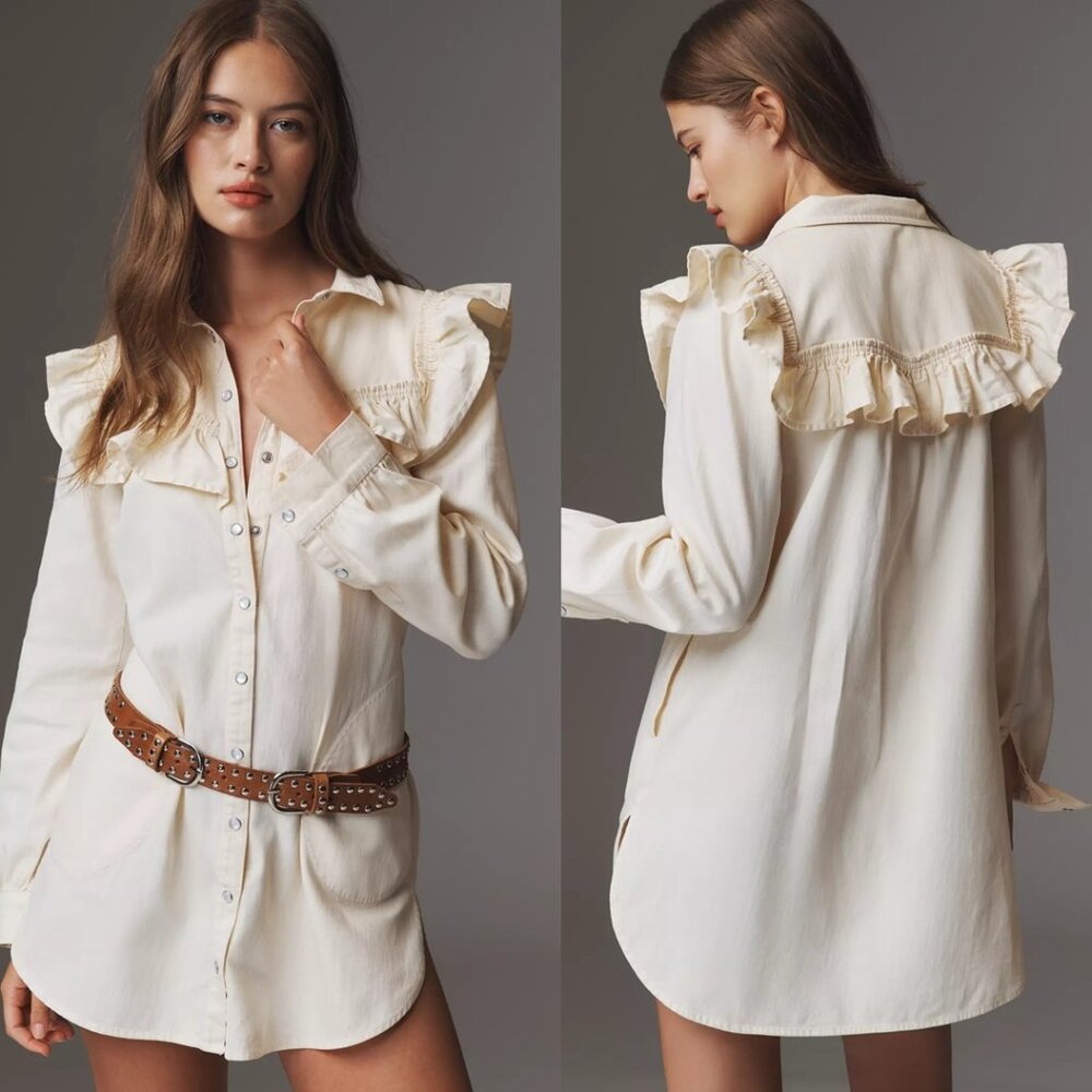NWT Anthropologie Pilcro Long-Sleeve Ruffled Denim Mini Shirt Dress Ivory